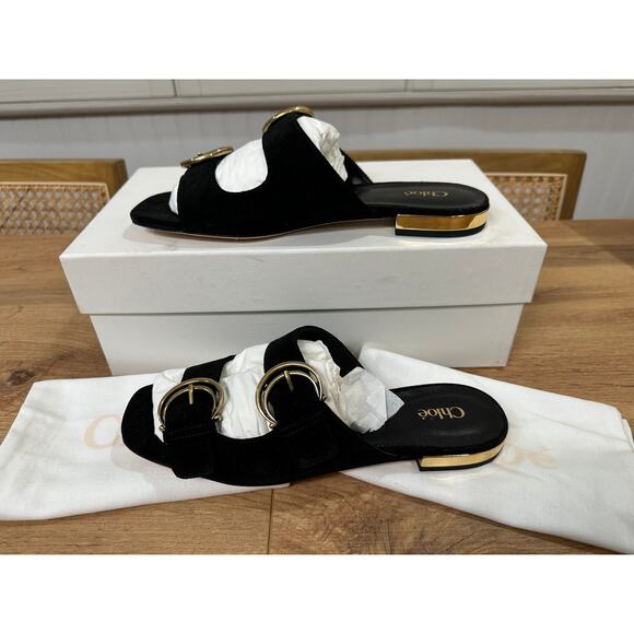 Chloé Alizè Flat Sandals Slides Black Suede Size 8 US 38 EU NIB Gold Buckles - Picture 4 of 16